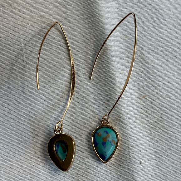 Gold Wire Slide Through Earrings Faux Turquoise Stone - Picture 2 of 4